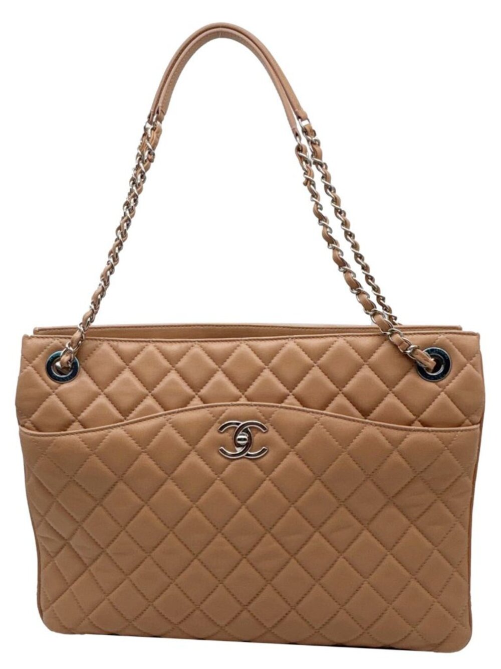 Chanel Zip Large Quilted Lambskin Leather Tote Bag Beige